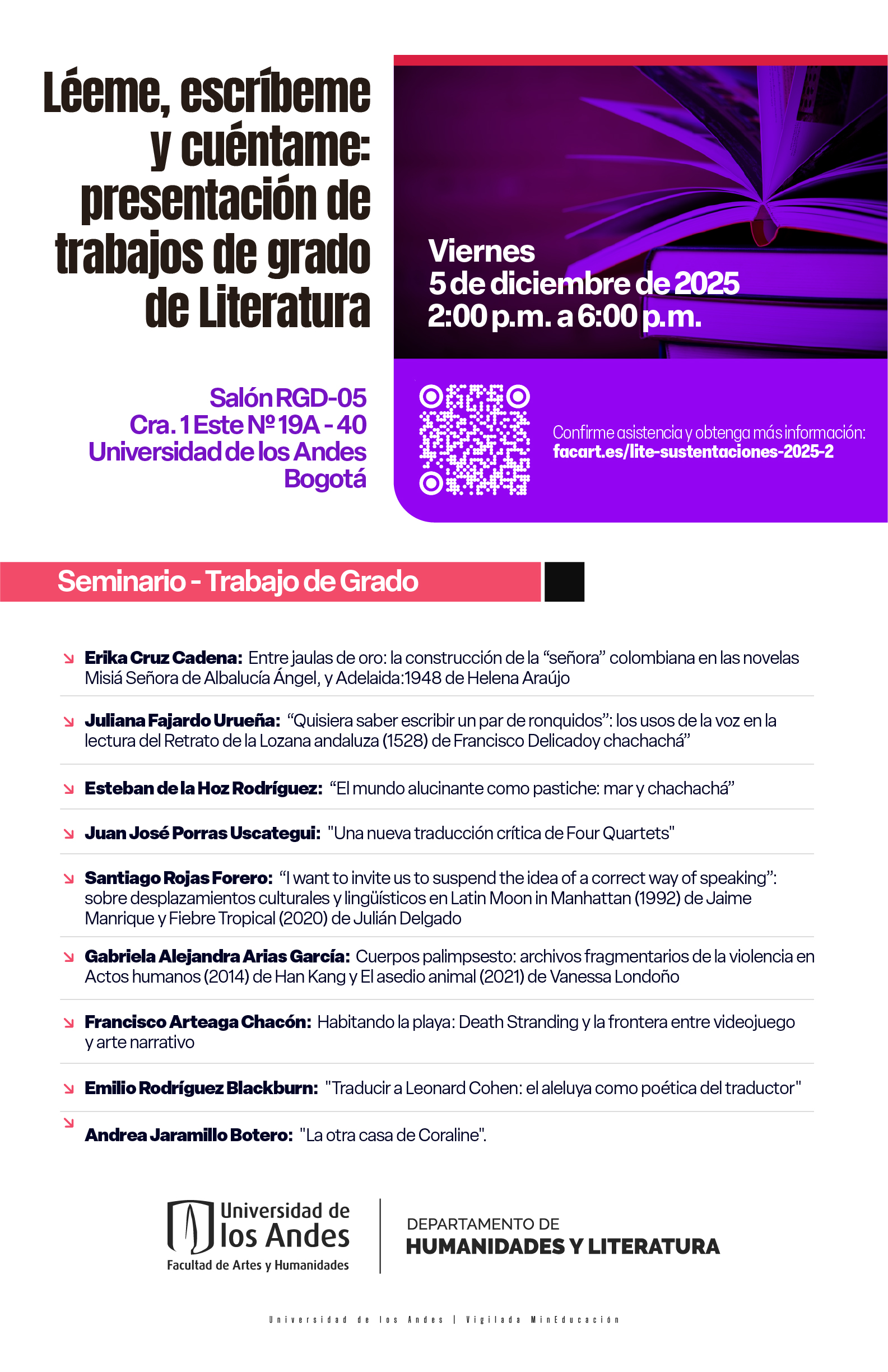 Léeme, escribeme y cuéntame: presentación de trabajos de grado de Literatura 2025-2